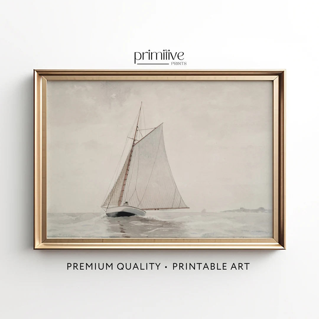 Sailboat Print | Vintage Wall Art | Coastal Printable Artwork | Soft Tone Ocean Sailing Digital P... | Etsy (US)