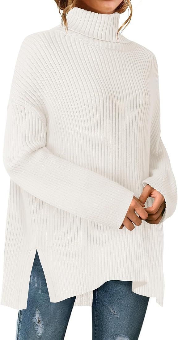 ZESICA Women's 2024 Winter Sweaters High Neck Long Sleeve Chunky Knit Oversized Side Slit Pullove... | Amazon (US)