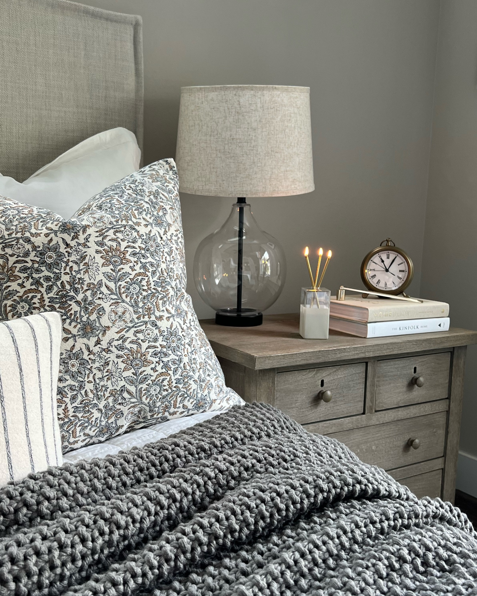 Everlasting Candle / Glass table lamp / bedroom decor / bedding / neutral bedroom / night table / night stand / Colin and Finn / pillow covers / modern farmhouse / modern organic / transitional home / books / candles / cozy bedding 