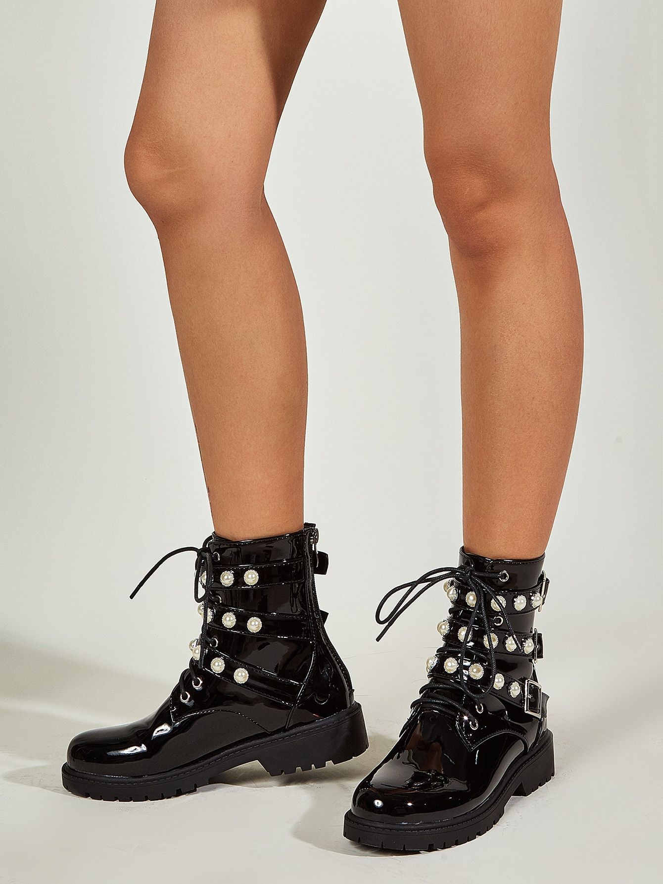 Faux Pearl Studded Combat Boots | SHEIN