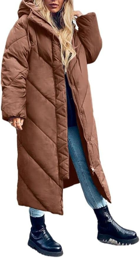 Yousify Women's Hooded Long Puffer Coat Winter Longer Thickened Down Jacket Zip Cotton Outwear | Amazon (US)