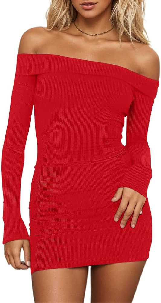 HYPERFIRE Women's Sexy Elegant Off The Shoulder Ribbed Long Sleeve Dress Party Mini Dresses | Amazon (US)