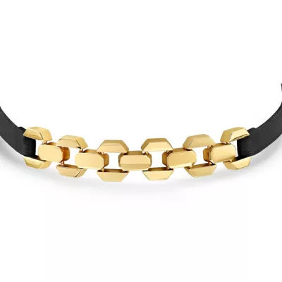 STEELTIME Ladies black leather and 18k gold plated alloy chain link choker necklace | Belk