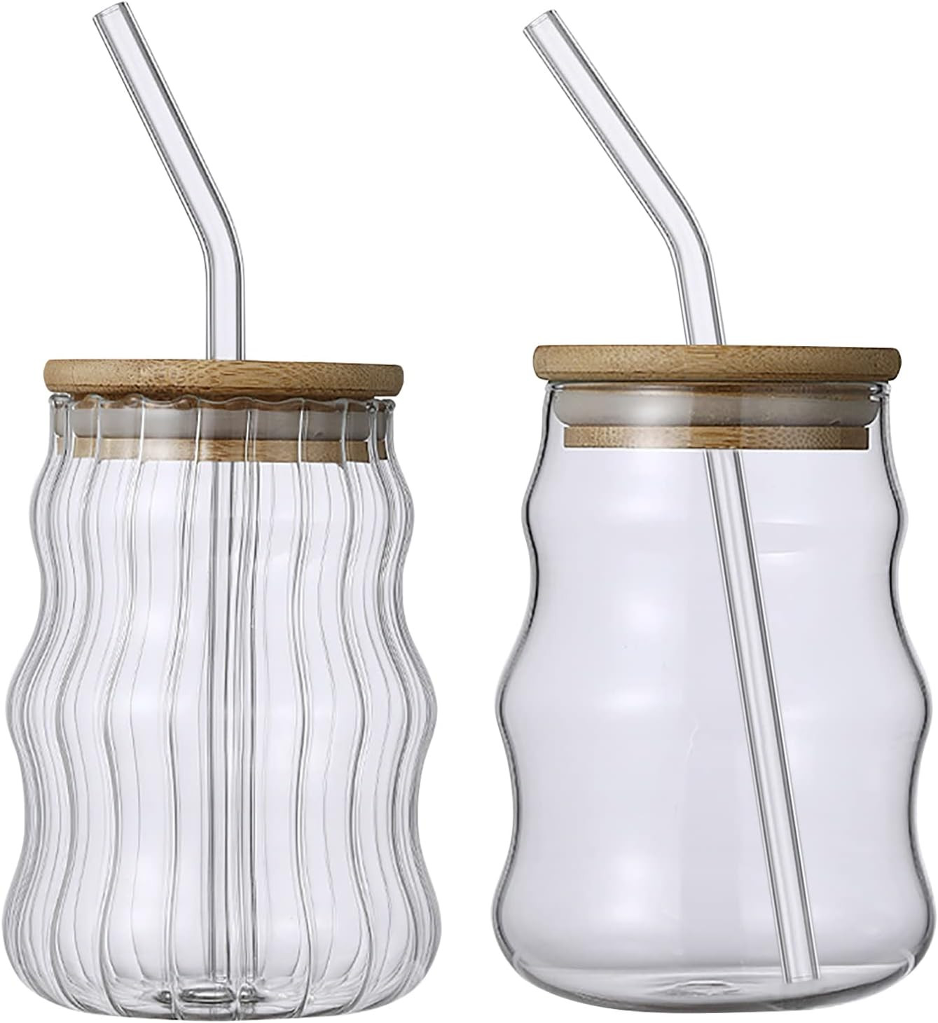 2 Pcs Ribbed Glassware Drinking Glasses with Bamboo Lid and Straws, 17oz Ripple Glass Cups Iced C... | Amazon (US)