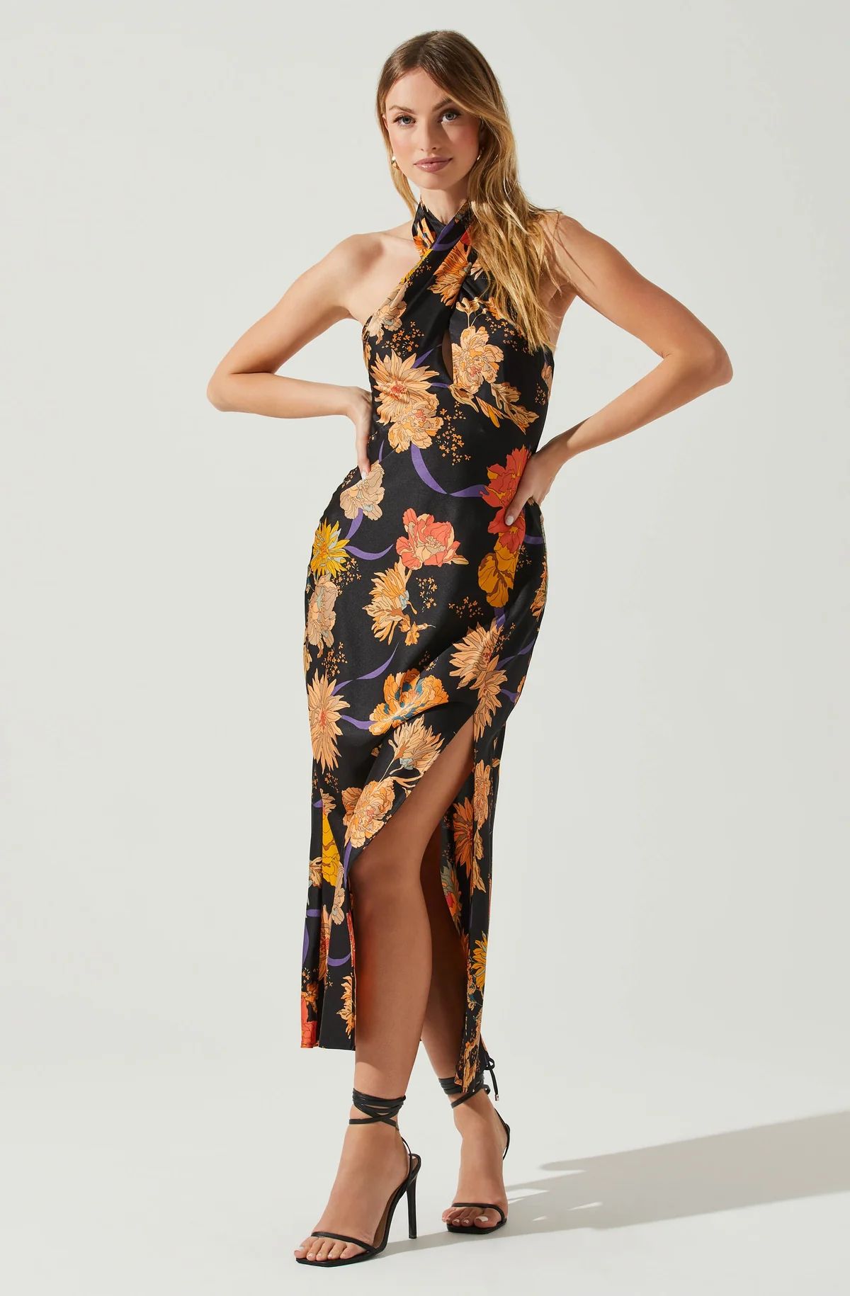 Marissa Satin Halter Neck Floral Midi Dress | ASTR The Label (US)