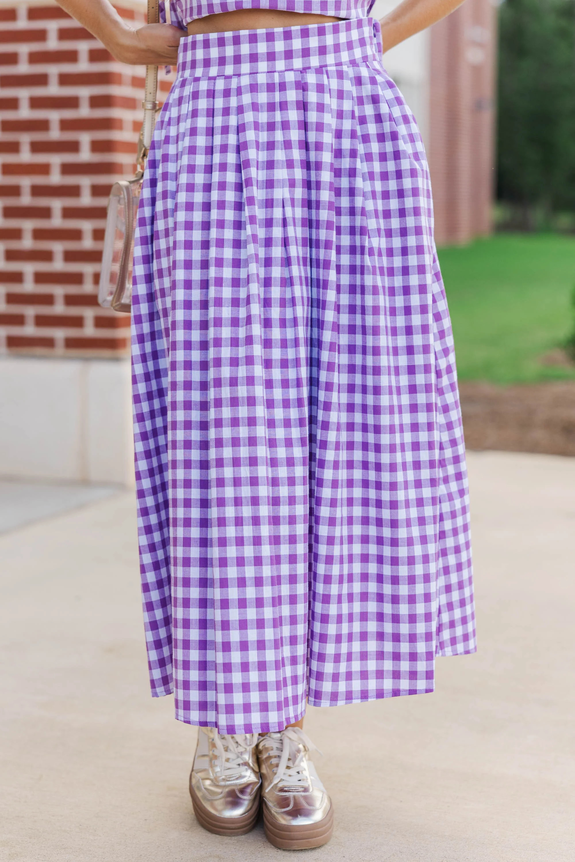 Here For The Memories Purple Gingham Midi Skirt | The Mint Julep Boutique