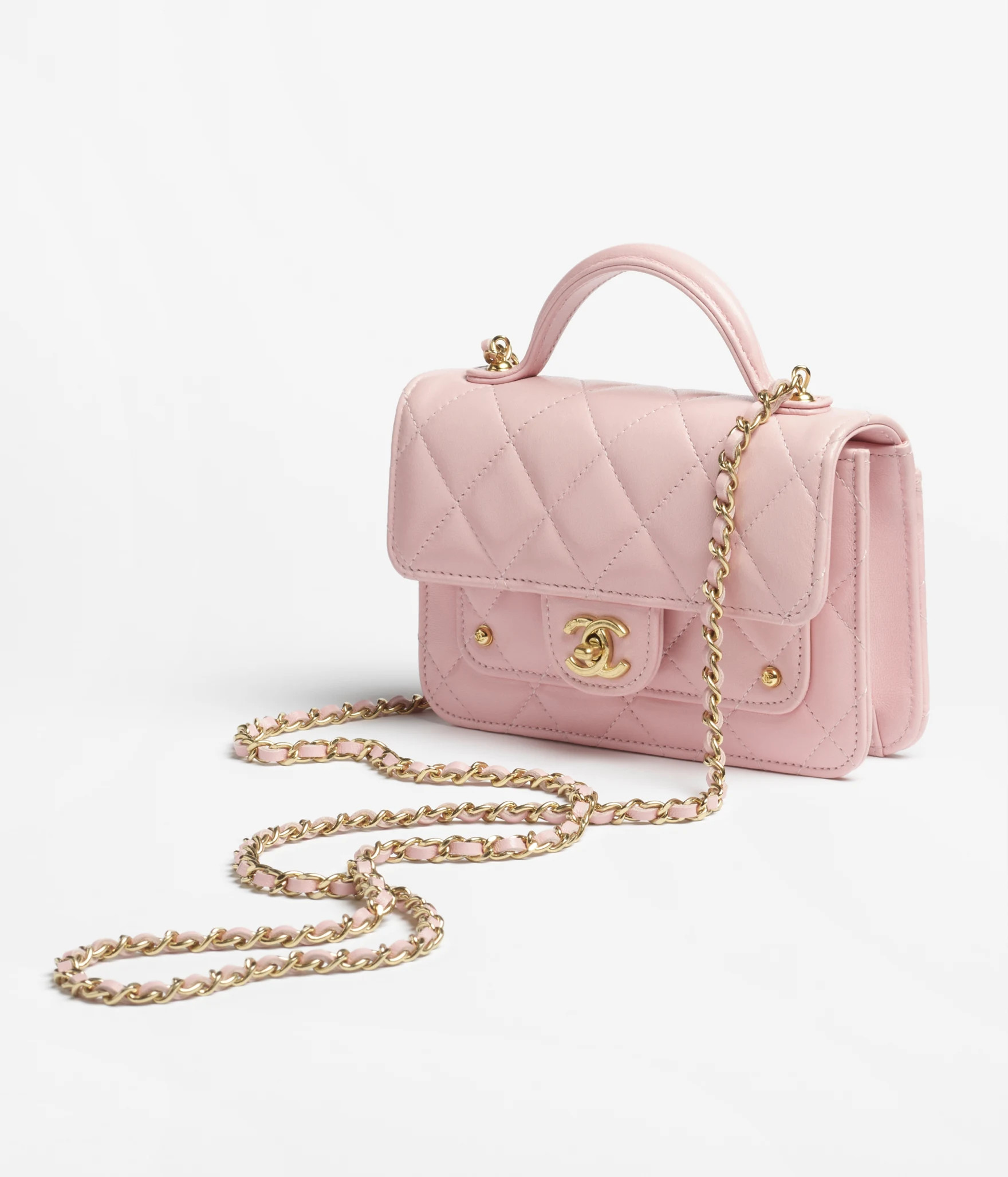 Clutch with chain - Shiny lambskin & gold-tone metal, light pink — Fashion | CHANEL | Chanel, Inc. (US)