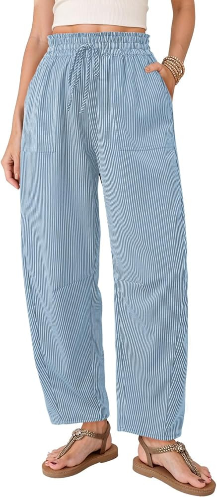 Dokotoo Women's Striped Barrel Casual Pants High Waisted 2026 Elastic Drawstring Trousers | Amazon (US)