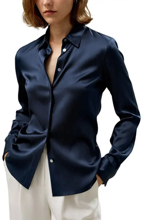 LILYSILK Women's Elegant Silhouette Slim Fit Silk Shirt in Navy Blue at Nordstrom, Size Small | Nordstrom