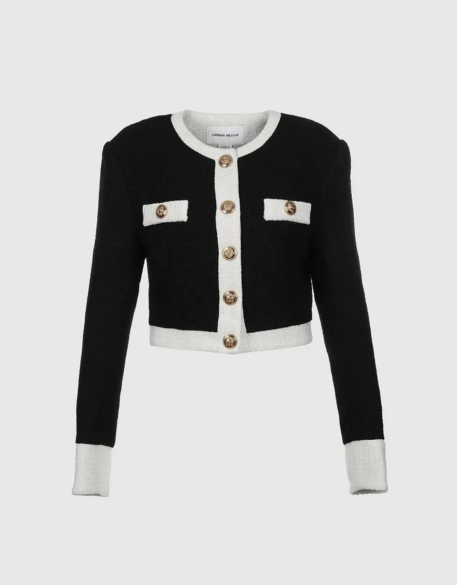 Contrast Trim Tweed Cardigan | Urban Revivo