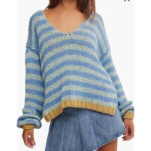 Free People Portland Striped V-Neck handknit chunky Sweater Brown 2375 | Poshmark