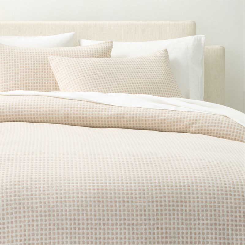 Sadira Organic Cotton Jacquard White with Taupe King Duvet Cover | CB2 | CB2