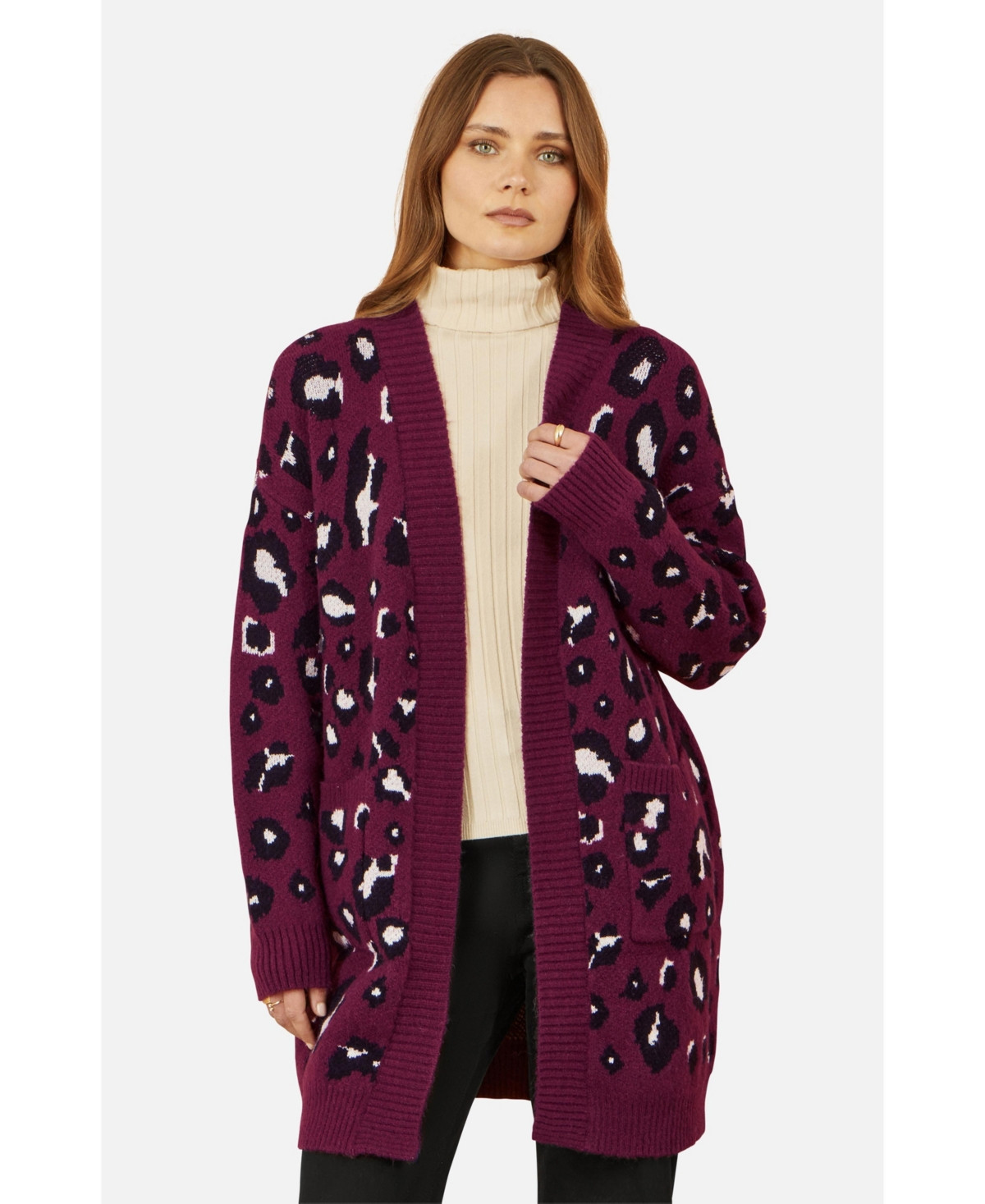 Yumi Women's Animal Intarsia Long Cardigan - Burgundy | Macy's