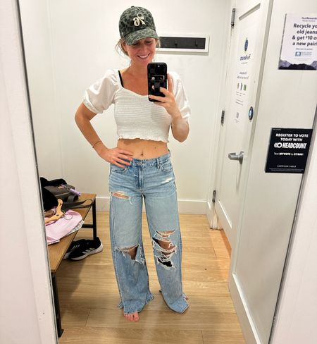 Obsessed with these American Eagle high waisted baggy jeans! Im wearing a size 4. #americaneagle #jeans #baggyjeans

#LTKmidsize #LTKstyletip #LTKsalealert