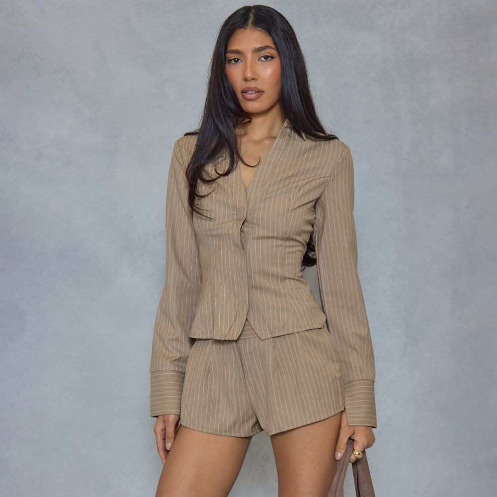 Long Sleeve Plunge Detail Shirt In Khaki Green Pinstripe | EGO (UK)