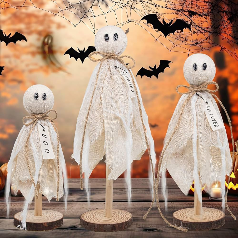 Wooden Ghost Halloween Decorations Indoor– Set of 3 Sizes Rustic Shelf Sitters with Fabric Ghost Figures – Halloween Table Decor for Tiered Tray, Mantel, Halloween Party Supplies（White） | Amazon (US)