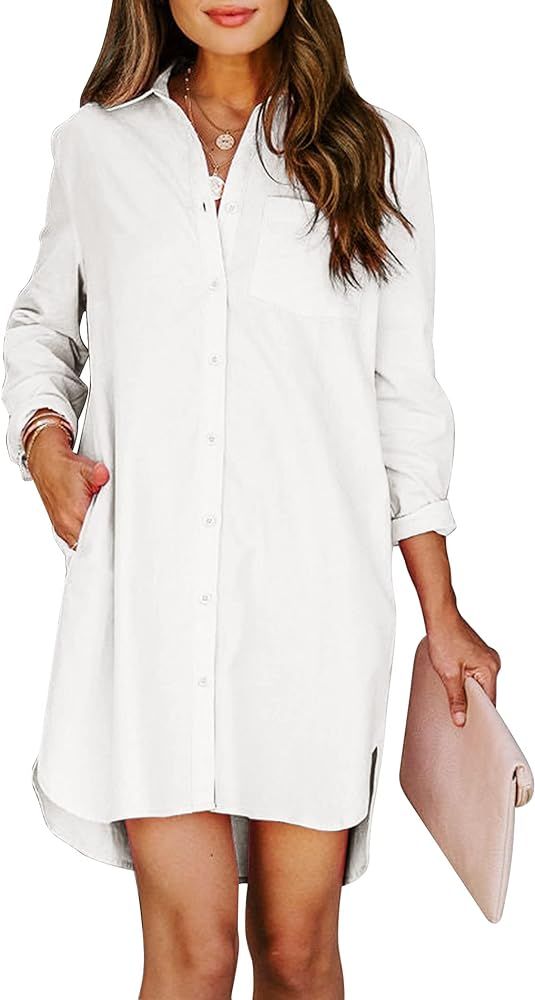 Aoudery Womens Button Down Shirt Dresses with Pockets Cotton Button Up Tunics Long Sleeve Solid H... | Amazon (US)