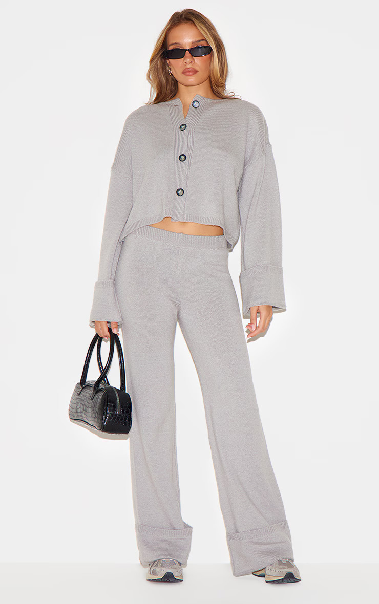 Grey Turn Up Hem Knit Trousers | PrettyLittleThing UK
