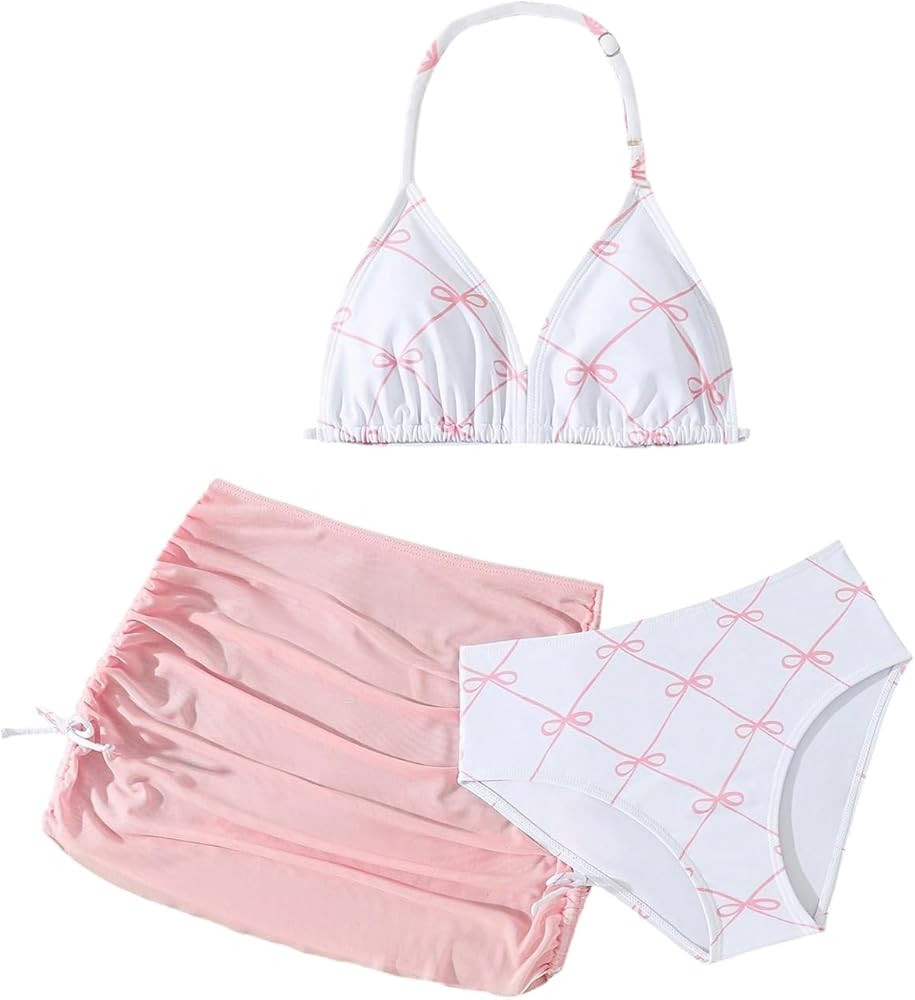 Girl's 3 Piece Cute Bowknot Bathing Suit Halter Triangle High Waisted Swimsuit with Beach Cover U... | Amazon (US)