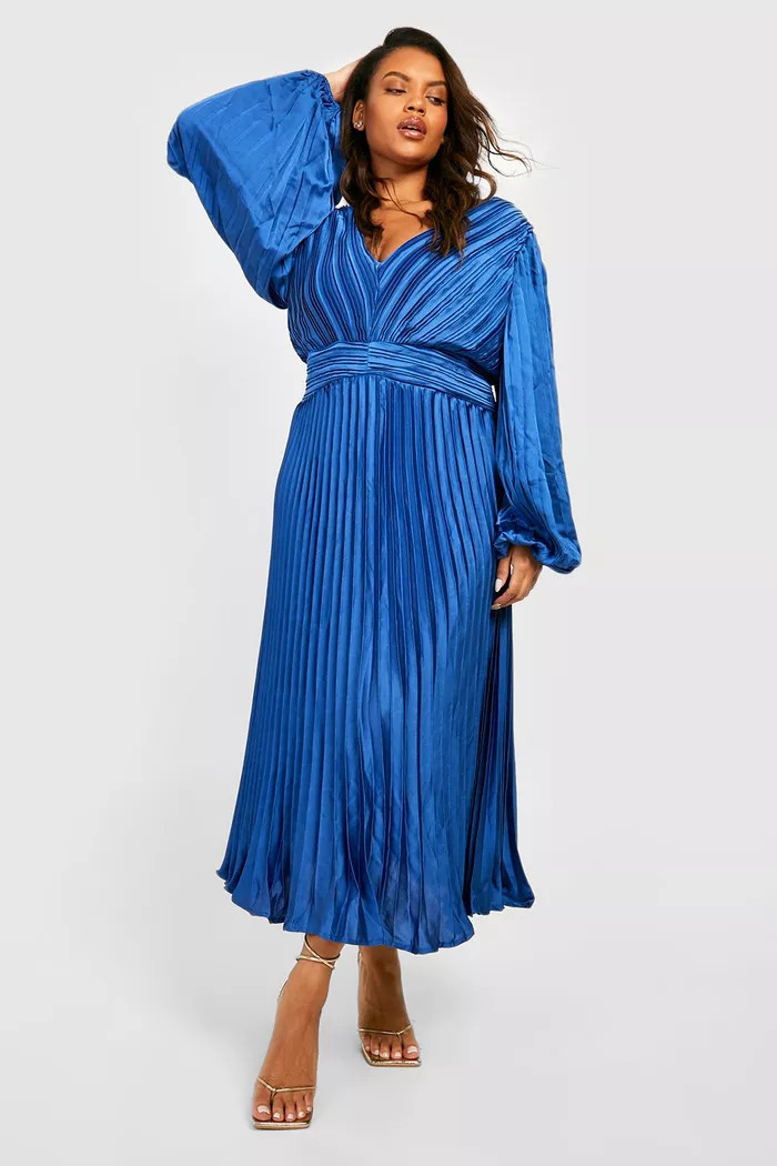 Plus Satin Pleated Plunge Midi Dress | Boohoo.com (US & CA)