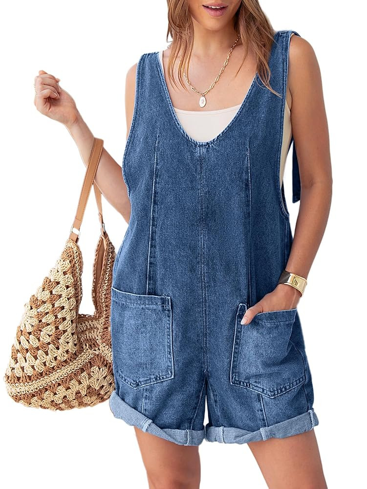 Glamaker Womens Summer Denim Romper Overall Shorts Casual Sleeveless V Neck Jean Romper Denim Out... | Amazon (US)