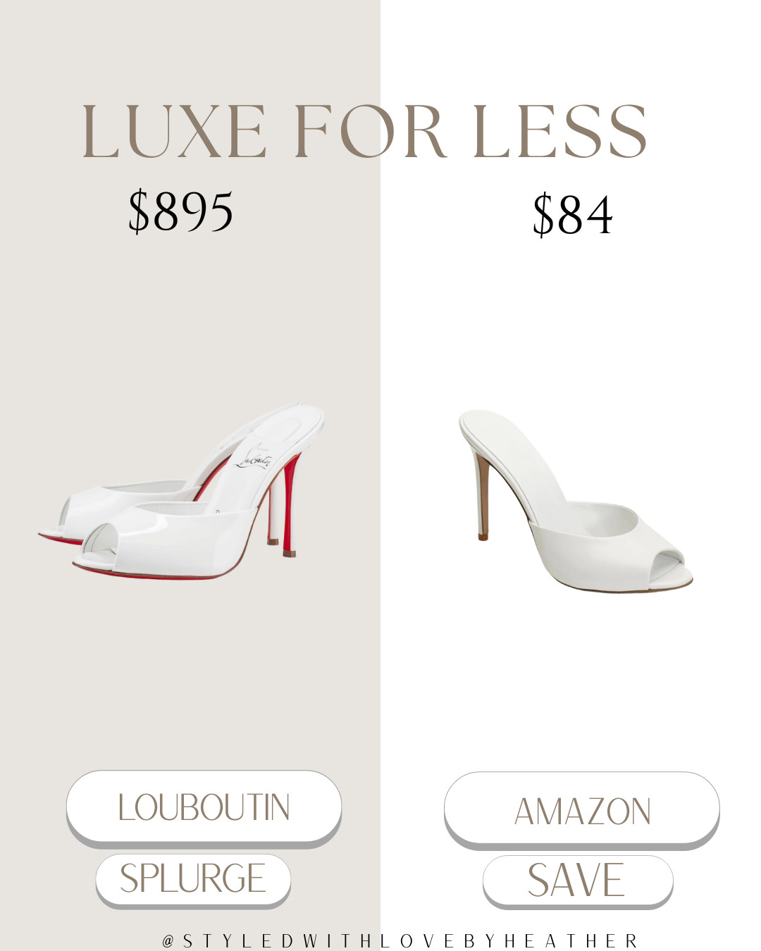 ✨ Luxe for Less: Louboutin vs Amazon White Mule Heels ✨

Love the look of these Louboutin white mule heels but not the $800+ price tag? This Amazon find gives the same sleek peep-toe silhouette and elegant minimal vibe — perfect for date nights, weddings, summer outfits, or elevating a simple look.

Chic, timeless, and designer-inspired without the splurge.

Shop the splurge vs. save on my LTK ✨

 

 #LTKootd #LTKstorytime #LTKPetite