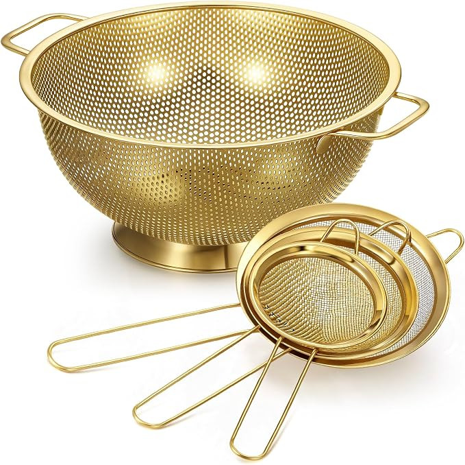 7 Quart Stainless Steel Gold Colander and 3 Pcs Gold Fine Mesh Strainer, Stainless Steel Pasta Ri... | Amazon (US)