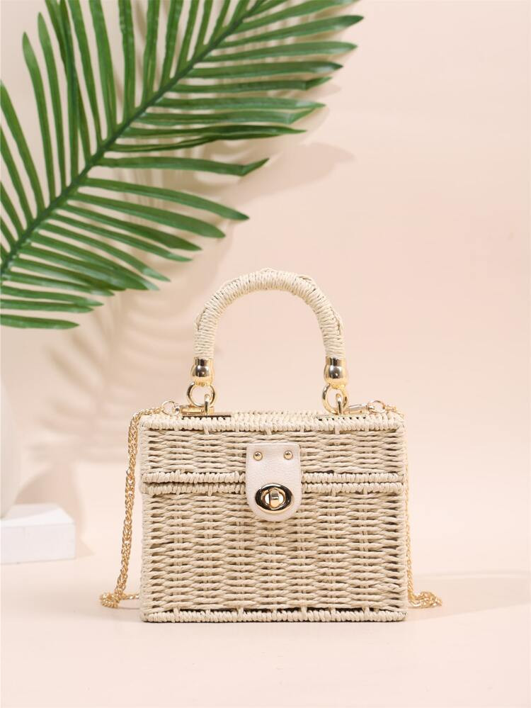 Mini Twist Lock Flap Straw Bag | SHEIN