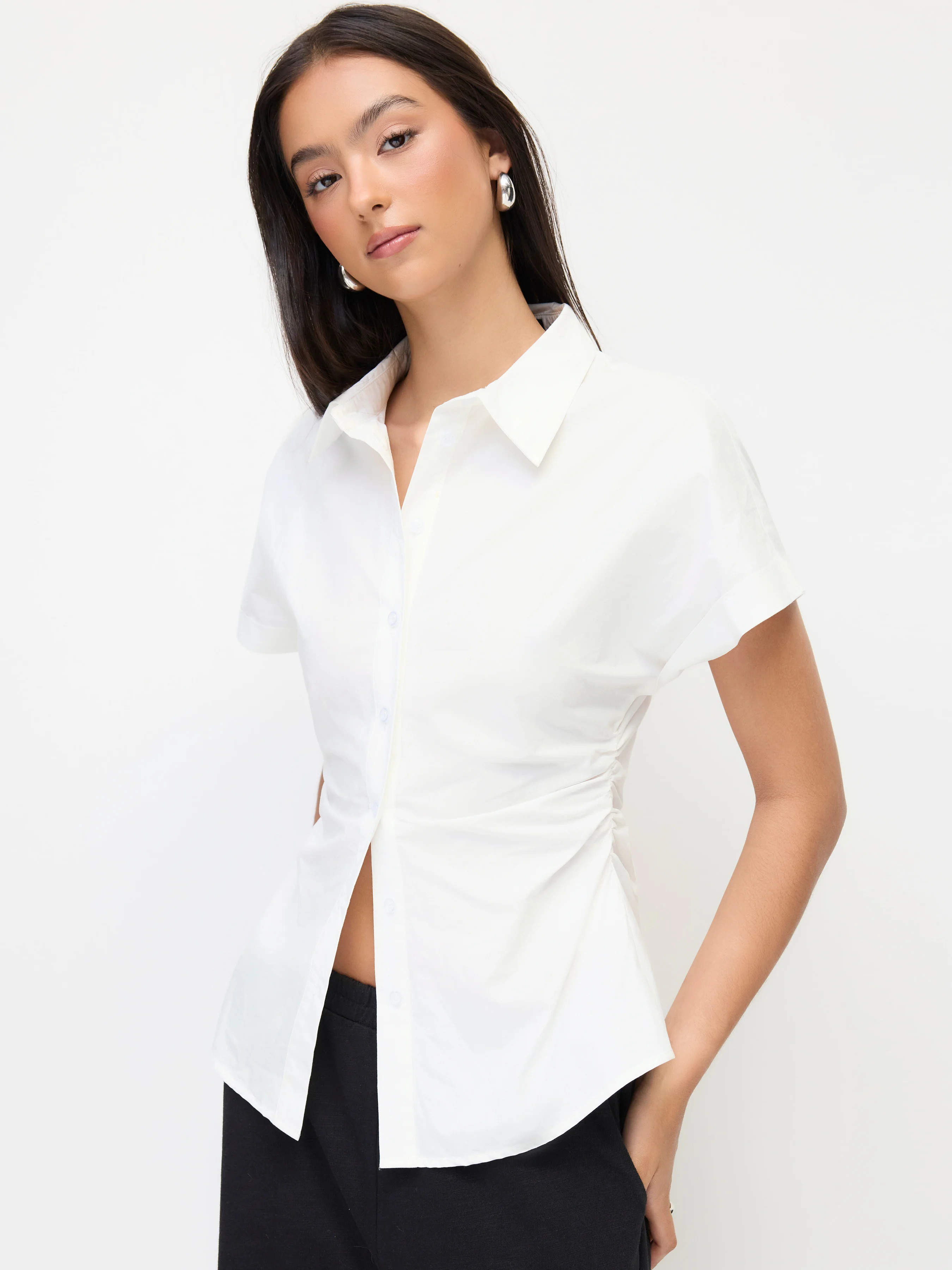 Woven 100% Cotton Collar Short Sleeve Ruched Shirt For Daily Casual Work | Cider