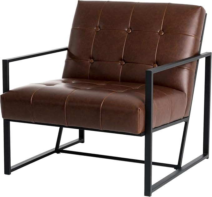 Glitzhome Mid Century Accent Armchair, Single Reading Armchair Brown PU Leather Tufted Chair with... | Amazon (US)