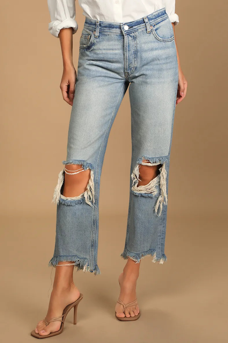 Maggie Faded Blue Distressed Mid Rise Straight Leg Cropped Jeans | Lulus (US)