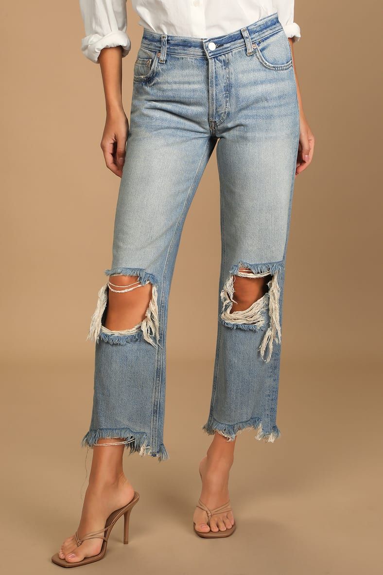 Maggie Faded Blue Distressed Mid Rise Straight Leg Cropped Jeans | Lulus (US)