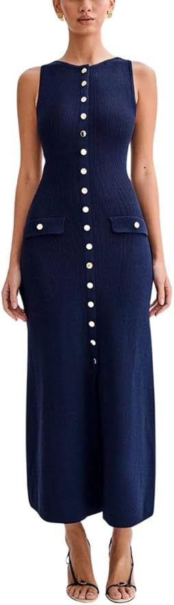 ELFTOWN Women's Summer Sleeveless Single Breasted Knit Maxi Dress Slit Crew Neck Long Sweater Bod... | Amazon (US)