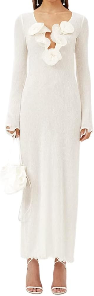 UAURORAO Women Crochet Cover Up Long Dress Long Sleeve Backless Hollow Out Maxi Dress See Through... | Amazon (US)