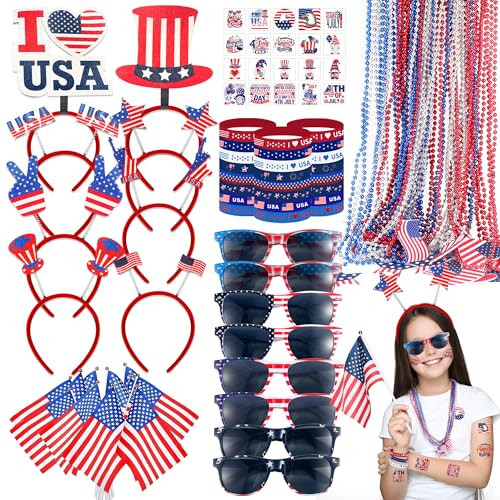 PLOUGVI 188PCS 4th of July Accessories Set Party Favors & Supplies Decorations for Independence Day Memorial Day-Include Headbands Glasses Necklaces Bracelets Tattoo Stickers USA Flag | Amazon (US)
