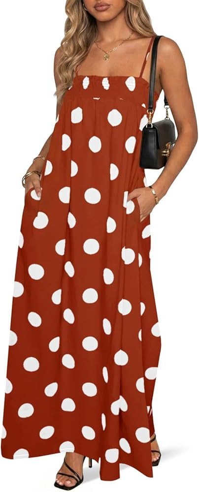 Wenrine Womens Summer Polka Dot Maxi Dress Casual Spaghetti Strap Smocked Loose Vacation Beach Dr... | Amazon (US)