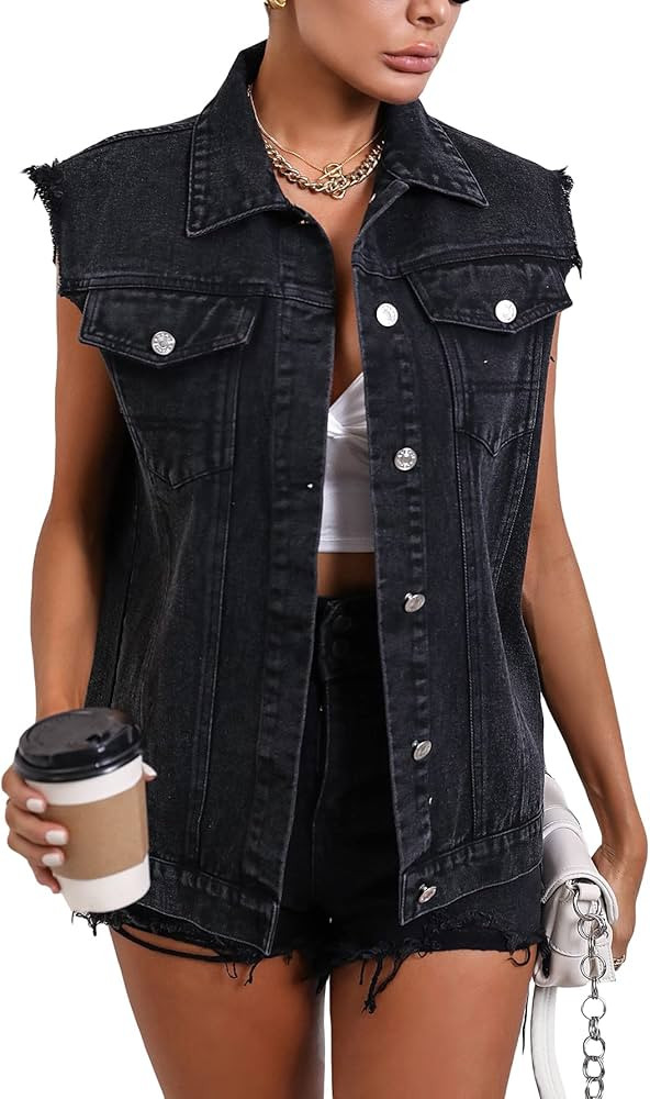 WDIRARA Women's Raw Trim Sleeveless Jean Vest Button Down Casual Denim Vest Jacket | Amazon (US)