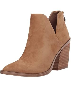 FISACE Womens Pointed Toe Stacked Mid Heel Ankle Boots V Cut Back Zipper Faux Leather Booties | Amazon (US)