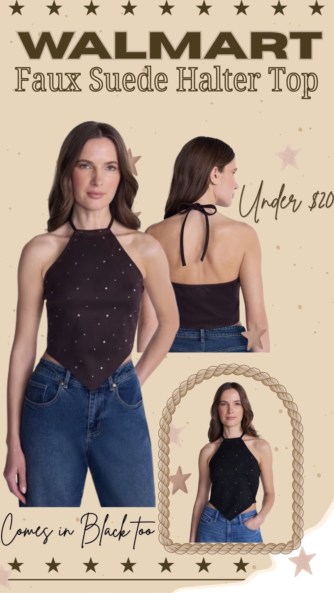 This faux suede halter top is giving all the western vibes! 🤎✨ The studded detail, bandana hem, and open-back tie make it the perfect top for concerts, date nights, girls’ nights, or fall layering. And it’s under $20! 🙌 Plus, it comes in black too!

#WalmartFashion #WalmartFinds #WesternStyle #CountryConcertOutfit #AffordableFashion #FallFashion #HalterTop #CowgirlStyle #BudgetFashion #LTKStyle #LTKFinds #OOTD #StyleOnABudget #FashionFinds #Under20

#LTKootd #LTKSeasonal #LTKgrwm