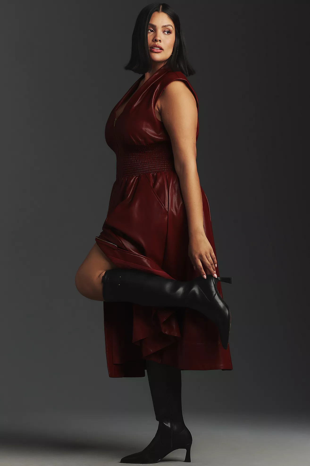 The Tommie Cap-Sleeve Smocked Front-Zip Shirt Dress: Faux Leather Edition | Anthropologie (US)