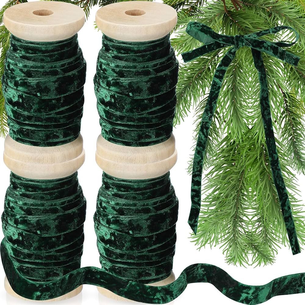 Chuangdi 4 Roll 20 Yards Crushed Velvet Ribbon Christmas Vintage Wooden Spool Velvet Ribbon for C... | Amazon (US)