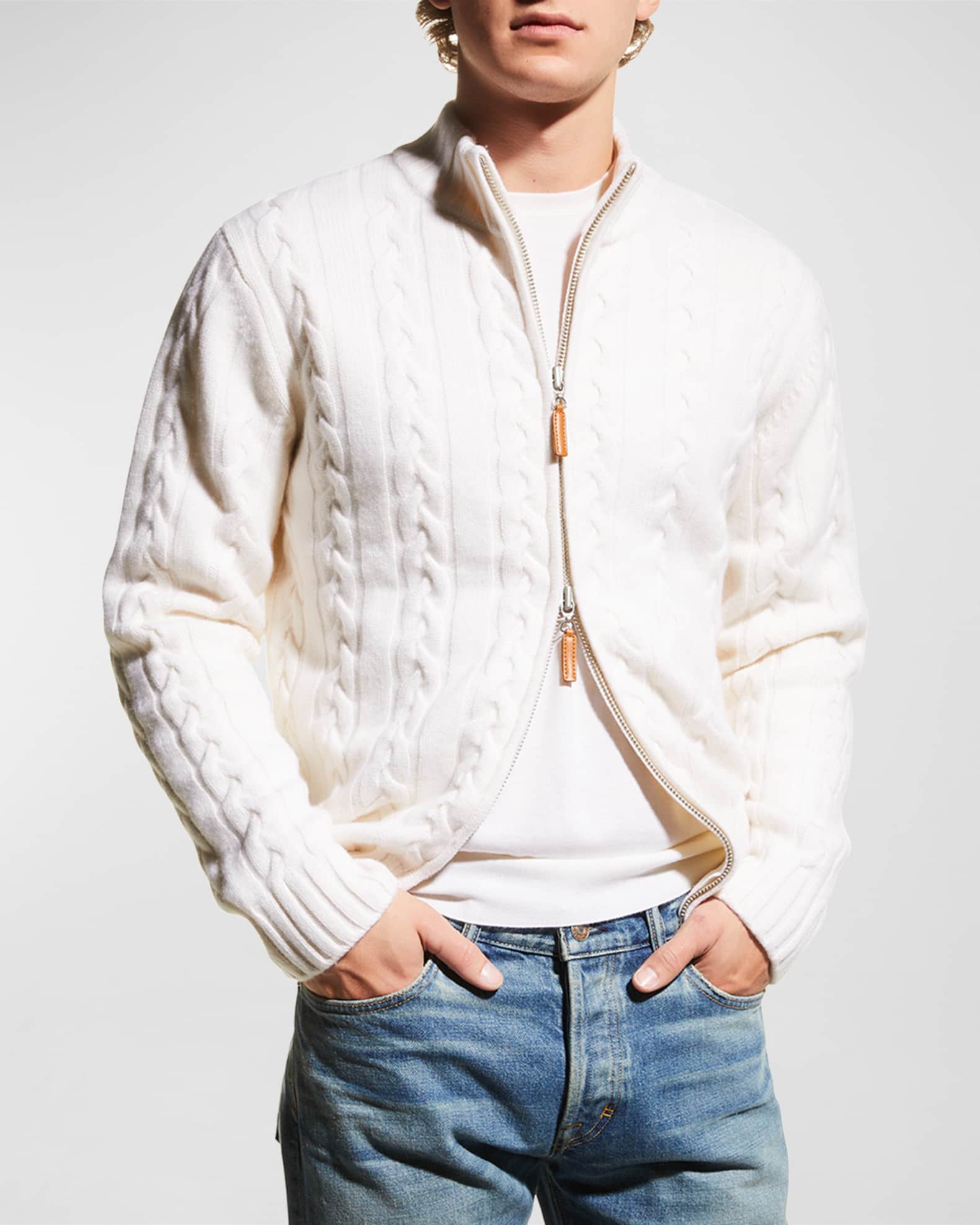 Neiman Marcus Men's Merino Wool-Cashmere Full-Zip Cable Sweater | Neiman Marcus