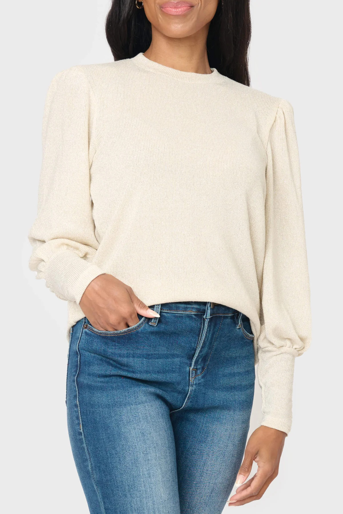 Long Puff Sleeve Crew Neck Lurex Knit Top | Gibson