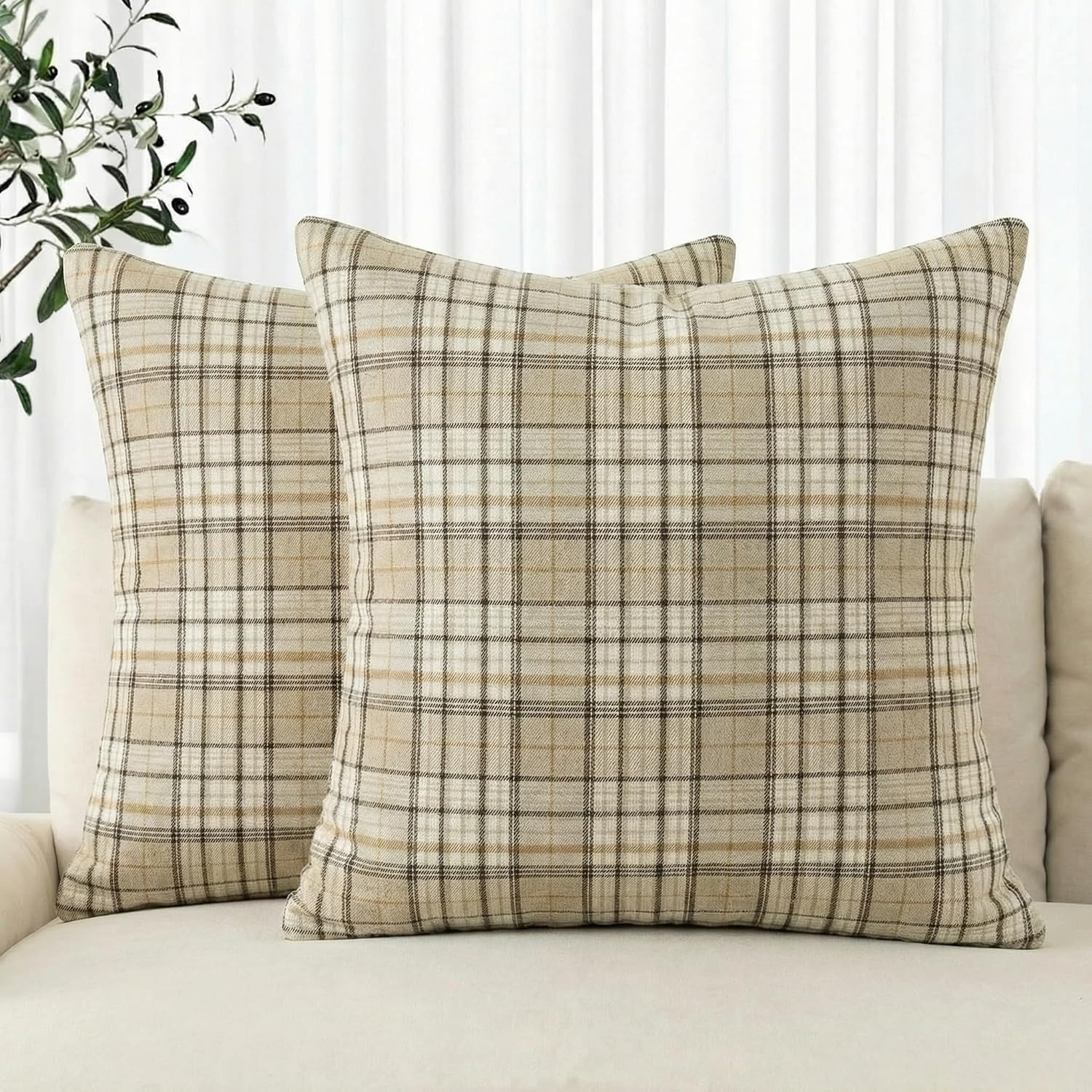AVOIN colorlife Spring Summer Khaki White Plaid Decorative Throw Pillow Covers, 18 x 18 Inch Holiday Scottish Tartan Cushion Case Farmhouse Decoration for Sofa Couch Set of 2 | Amazon (US)