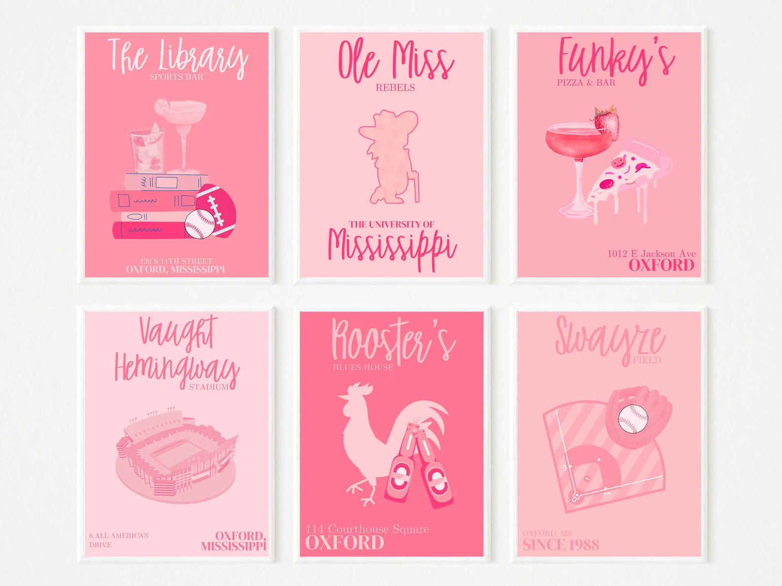 Cute PINK Ole Miss Prints University of Mississippi Digital Wall Art V.2 SET OF 6 - Etsy | Etsy (US)