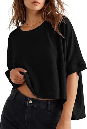 Lepunuo Womens Oversized Summer Tops Crop Shirts Cotton Basic Tee | Amazon (US)