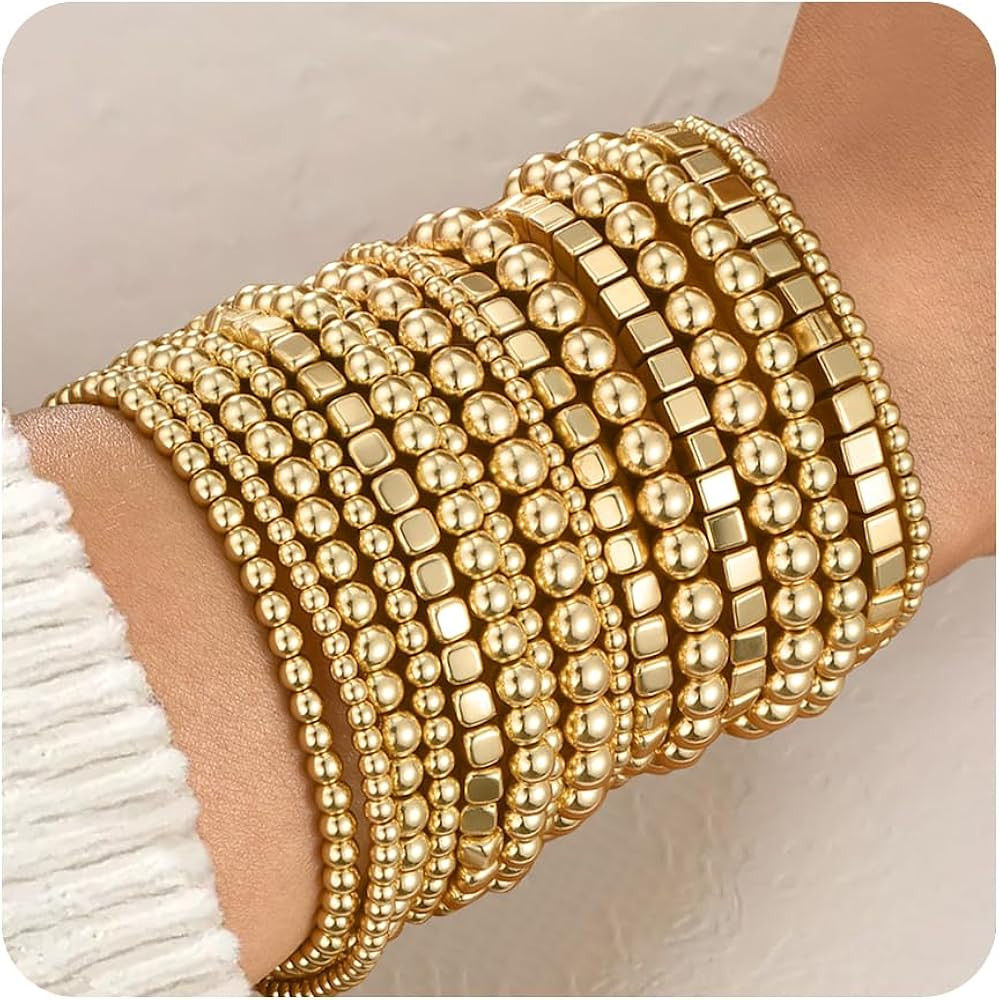 ÌF ME 16 PCS Gold Bead Bracelet for Women, Gold Beaded Stretch Plated Stackable Strand Bead Ball... | Amazon (US)