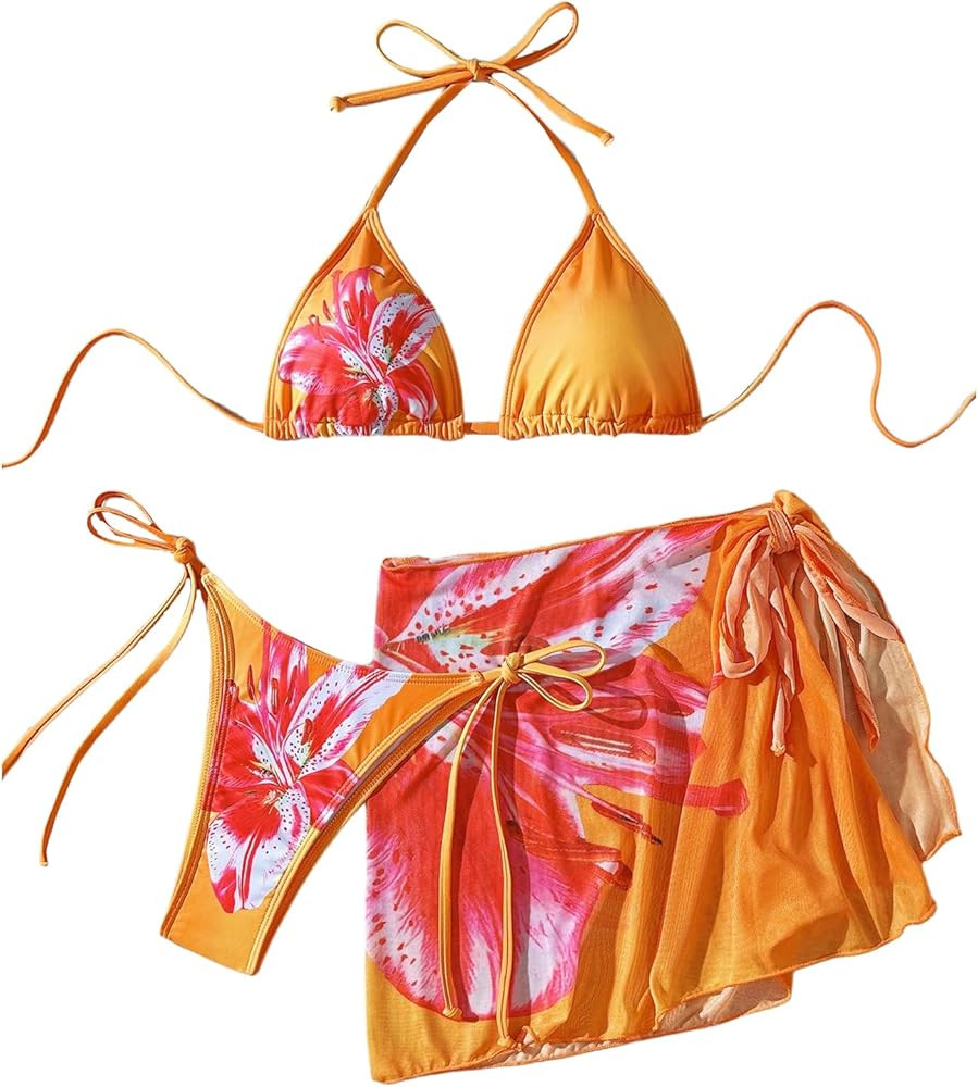 Verdusa Women's 3 Piece Floral Thong Bikini with Sheer Overlay Swimsuit with Cover Up Skirt | Amazon (US)