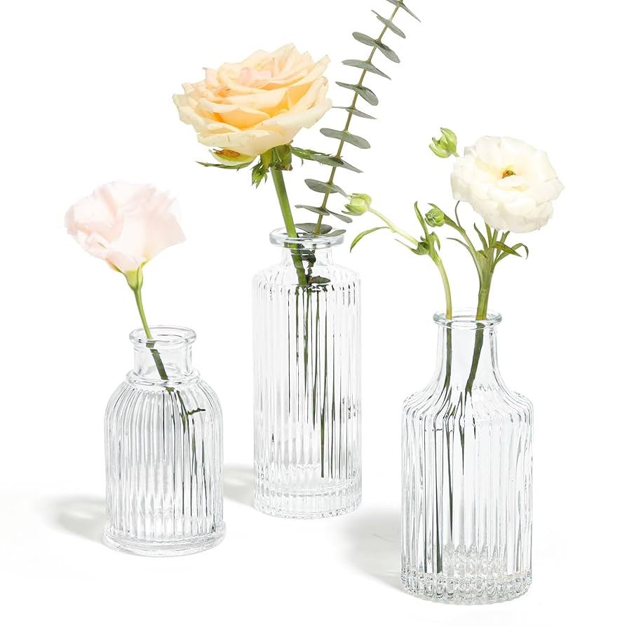 ComSaf Glass Bud Vases Set of 3, Small Flower Vases in Bulk, Mini Ribbed Vases for Centerpieces, ... | Amazon (US)