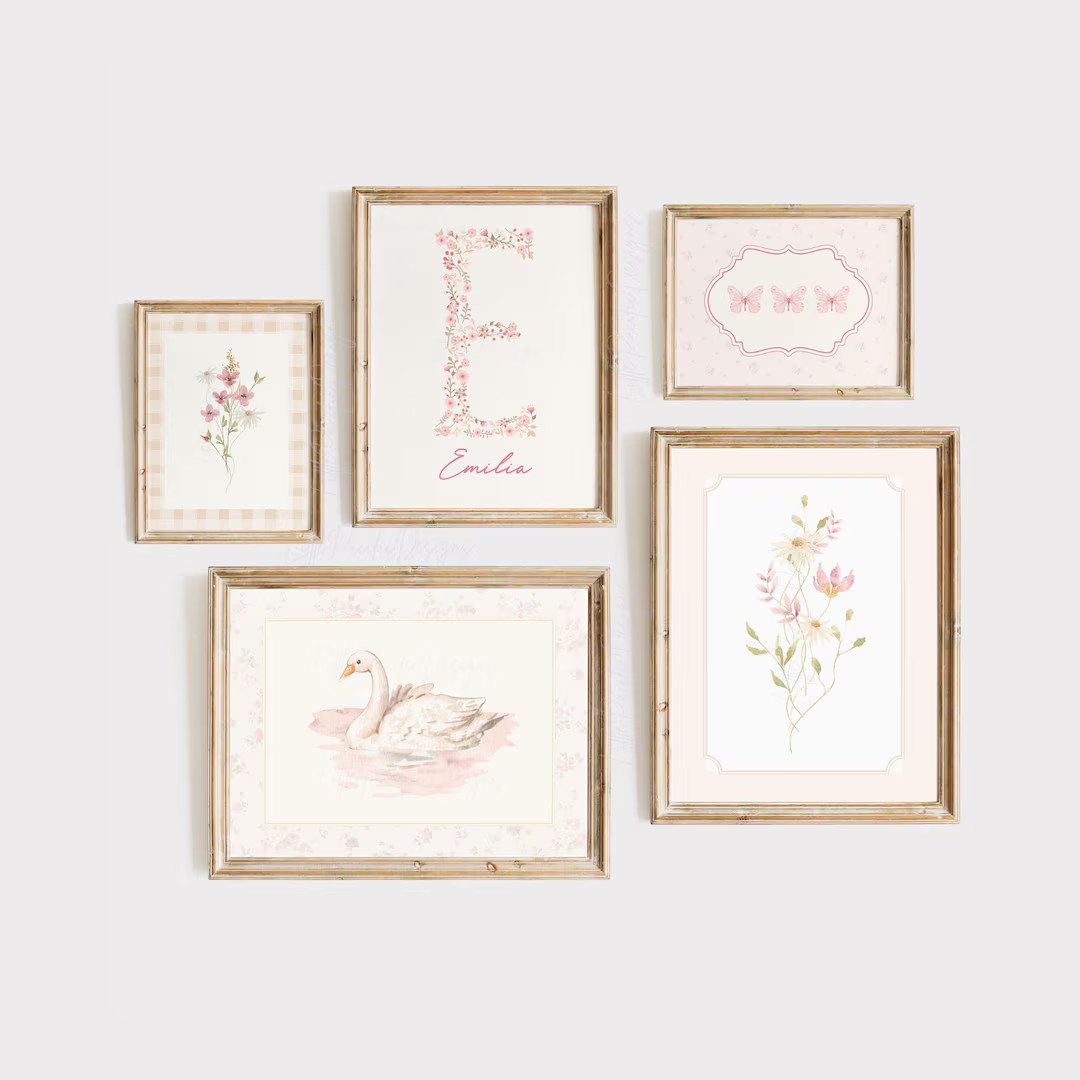 Vintage Nursery Gallery Wall, Whimsical Nursery Art, Custom Initial Girls Nursery Prints, Swan Wa... | Etsy (US)